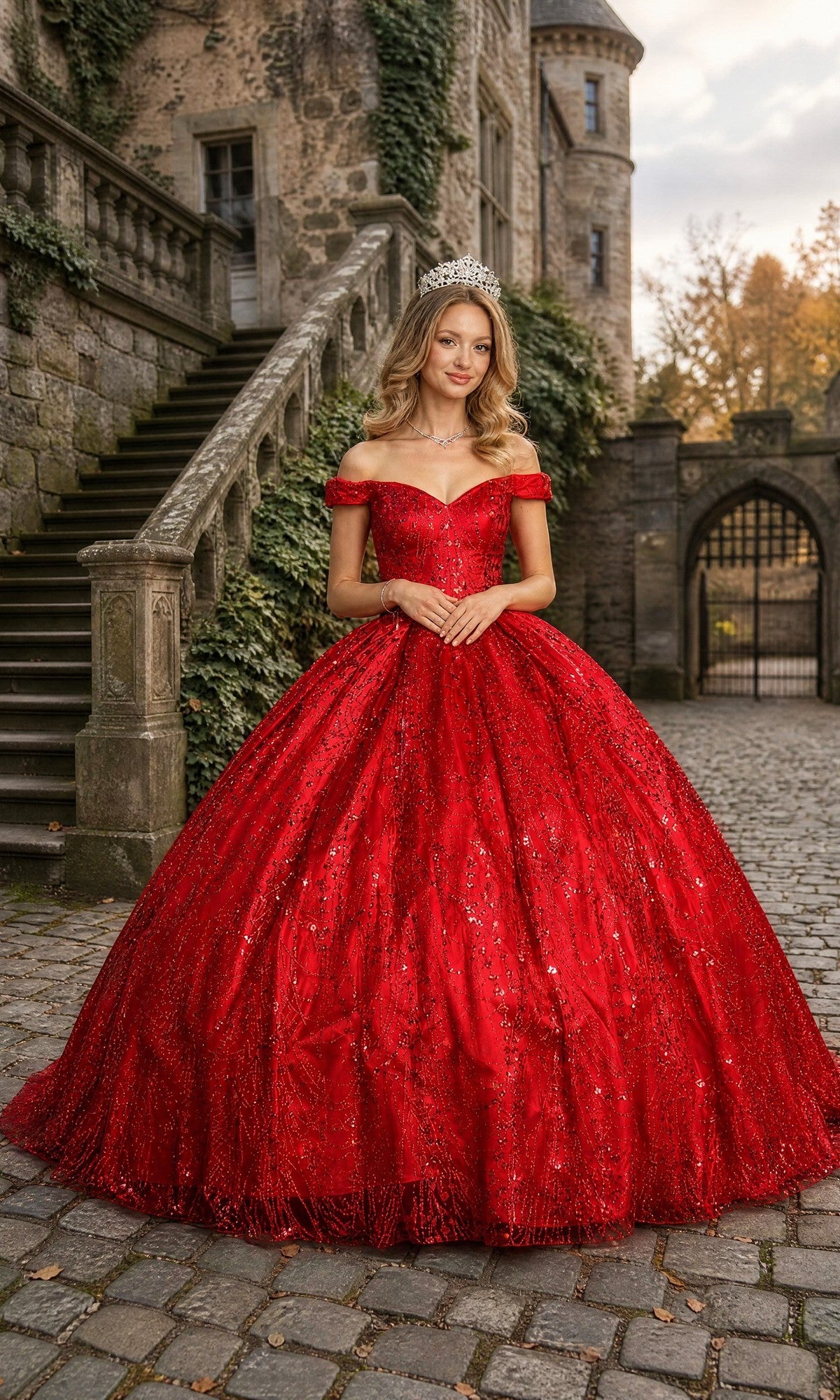 A woman wearing the Quinceanera Dress BT9013 By Chicas in burgundy, with sparkling embellishments and a tiara, poses elegantly on a cobblestone path outside a stone building adorned with stairs and ivy.